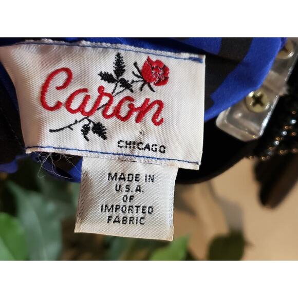 Vintage Caron Chicago Sheath Dress S Blue Patterned Cowl Neck Tie Waist Back Zip - Picture 3 of 12